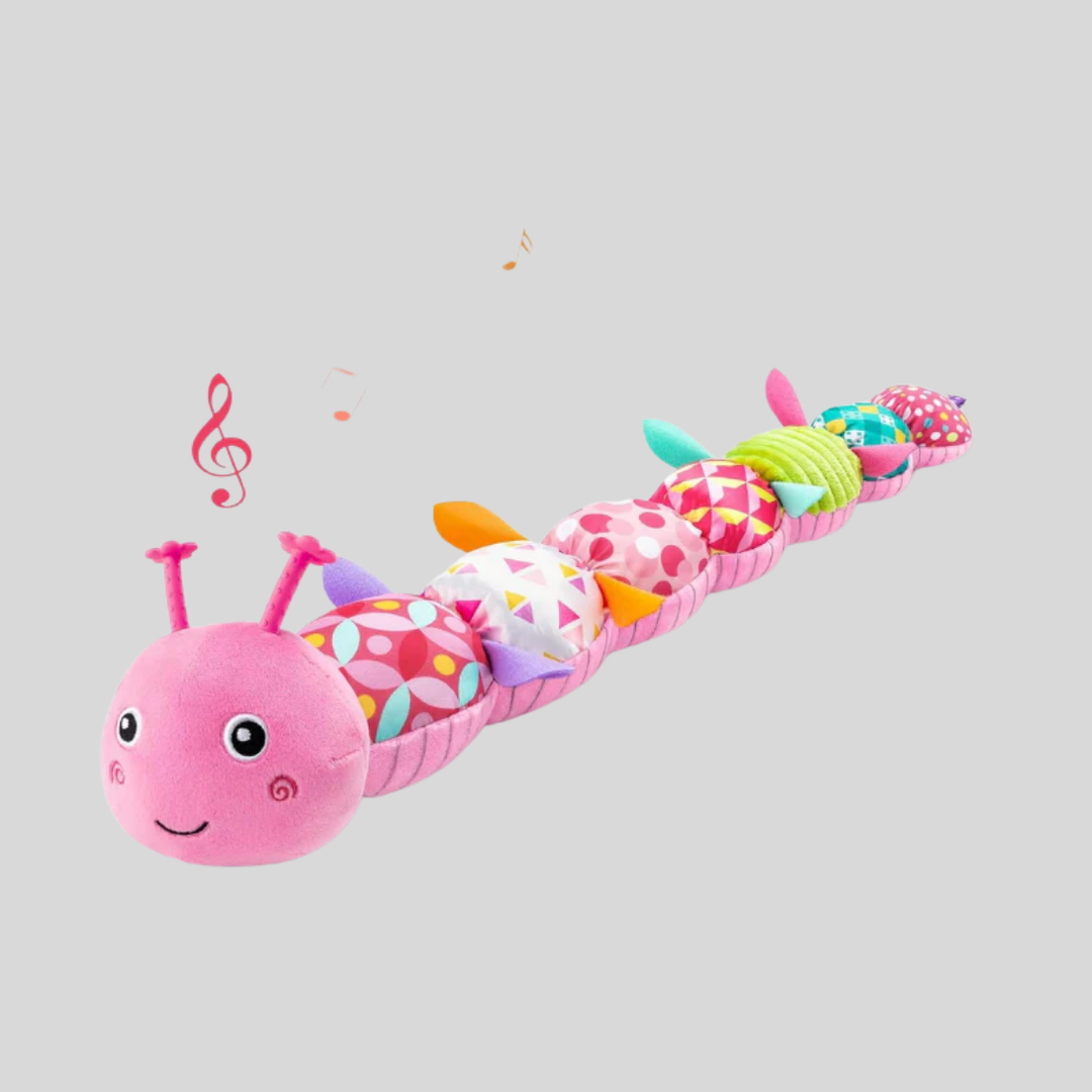 Soft, colorful baby caterpillar plush rattle toy for sensory play, perfect for infant development.
