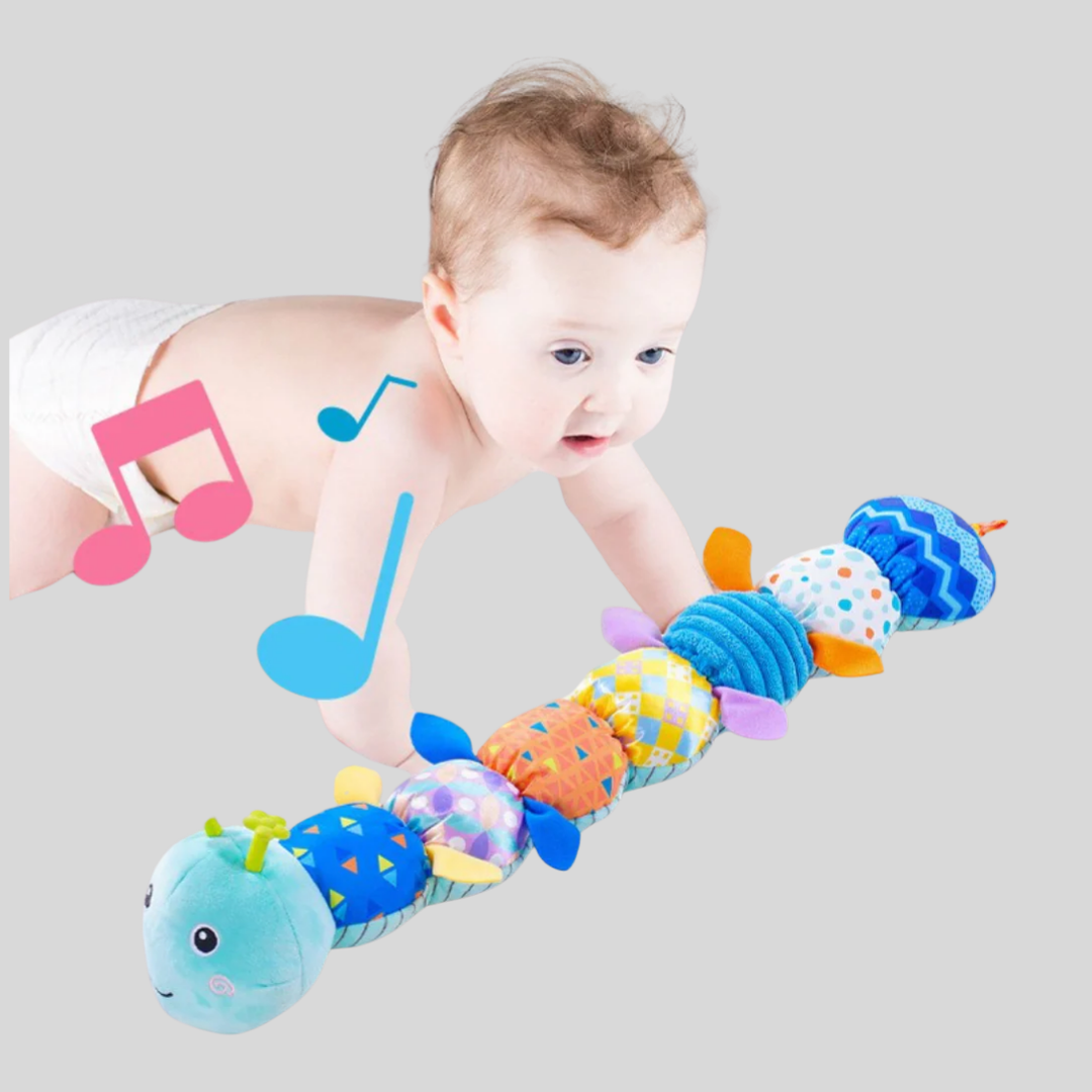 Vibrant plush caterpillar rattle toy with sensory features for newborns & babies, ideal for playtime.