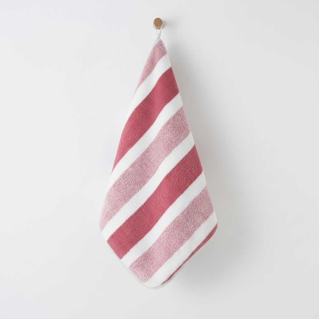 Luxurious striped coral fleece hand towels & washcloths, soft, quick-drying.