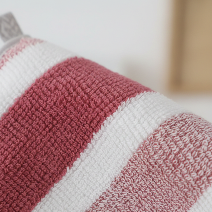 Absorbent coral fleece bath towel set, soft texture, striped design, home decor.