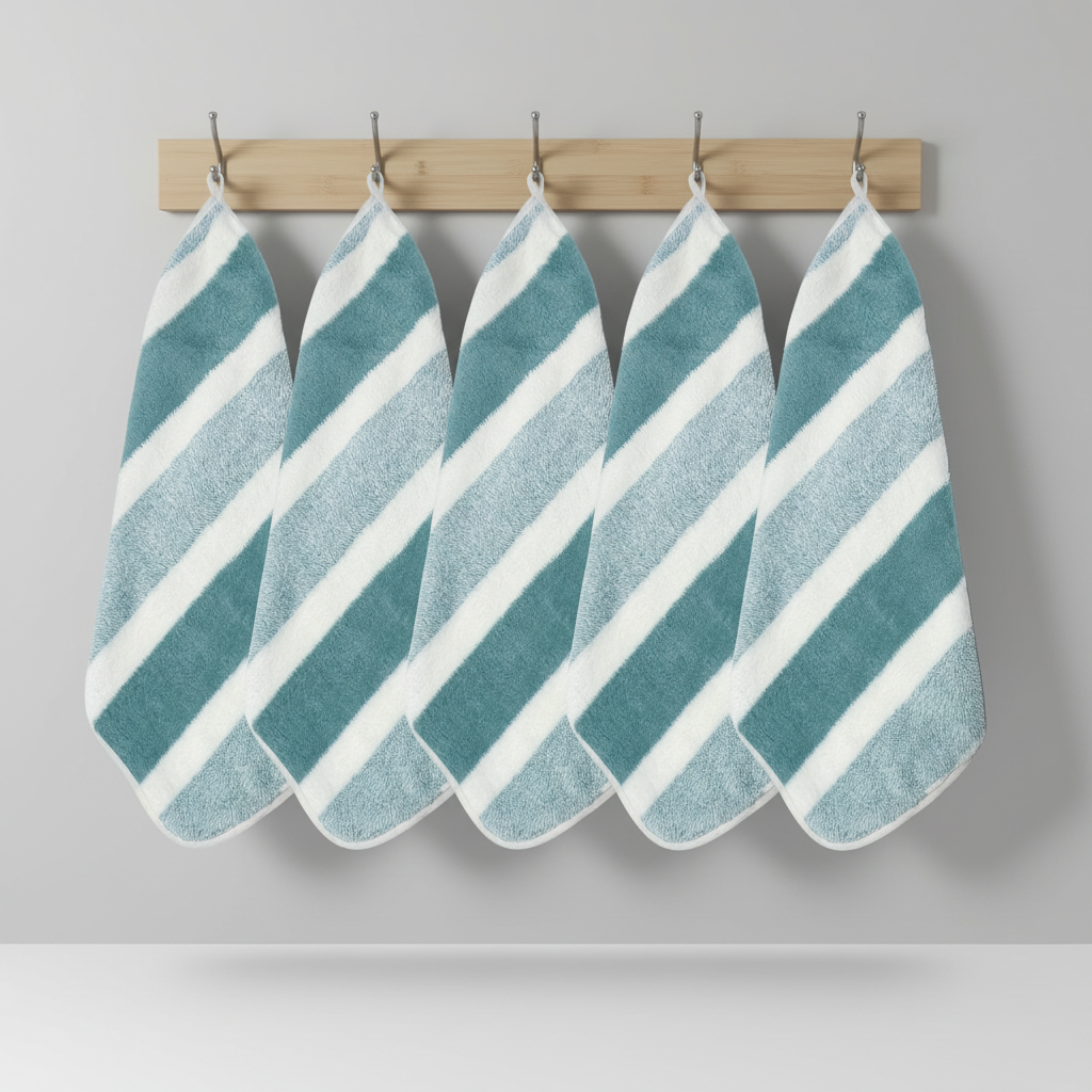 Absorbent soft coral fleece towel set with elegant stripes, bathroom essential.
