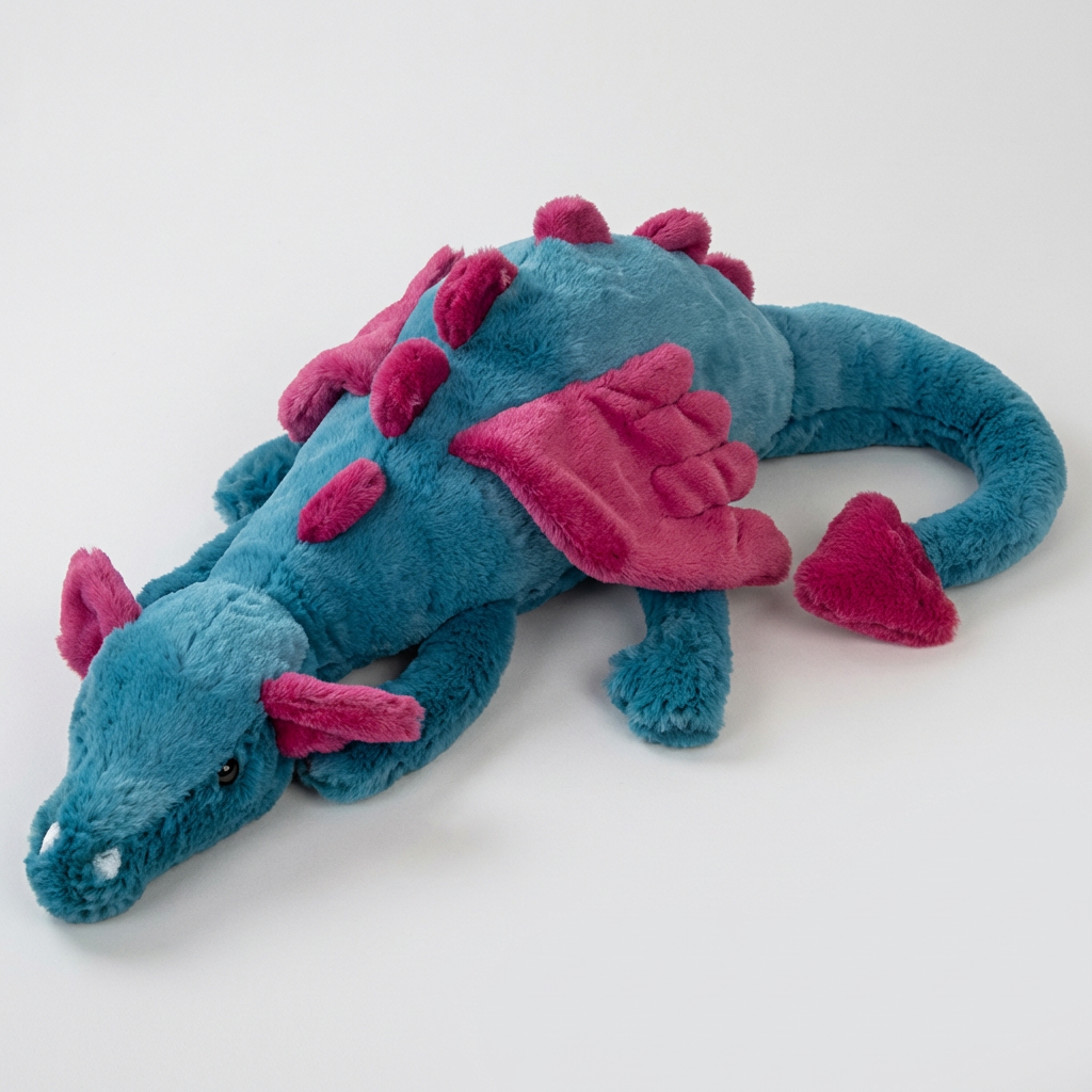 Vibrant dragon plush toy, a soft and cuddly stuffed animal with detailed wings for kids' fantasy adventures.