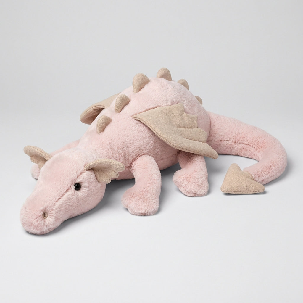 Charming kids' dragon plush toy, featuring soft fabric and wings, great for snuggles and imaginative playtime.