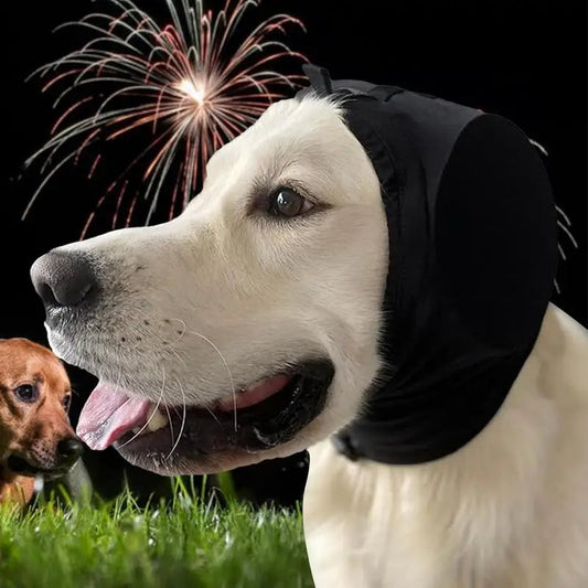 Soft gray dog ear muffs for noise reduction, offering calming comfort & anxiety relief to pets.
