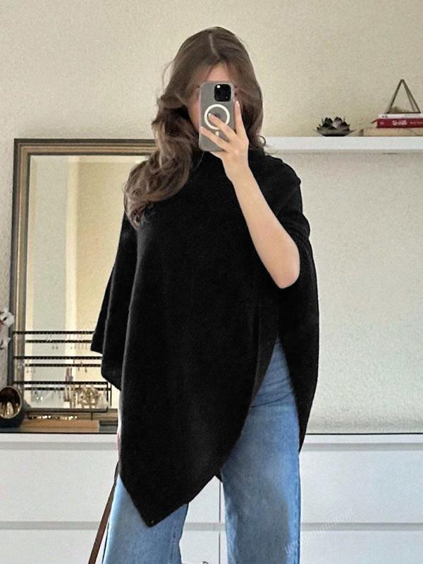Soft knit women's poncho top, wool blend, elegant asymmetric design for cozy fall & winter layering.