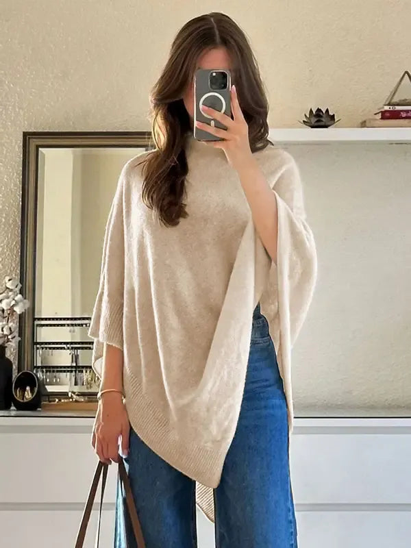 Cozy women's knit wrap poncho, elegant asymmetric style. Perfect wool blend fall fashion & winter accessory.