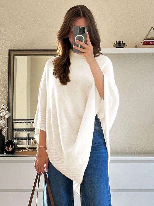 Elegant women's soft knit poncho top, asymmetric wool blend wrap for cozy fall fashion & winter layering.
