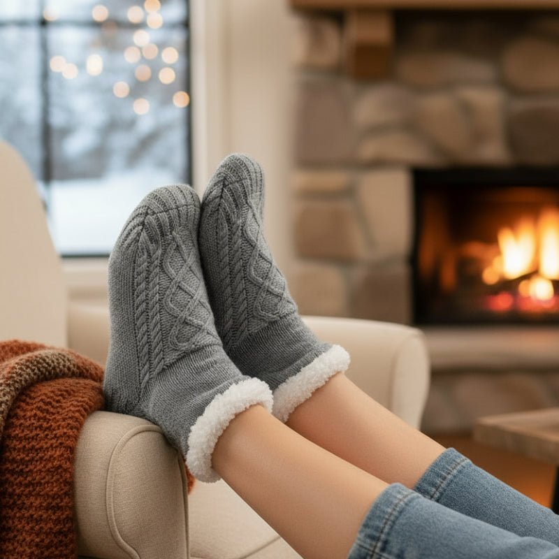Soft plush unisex house socks in a cozy grey, perfect for ultimate warmth and comfort indoors this winter.