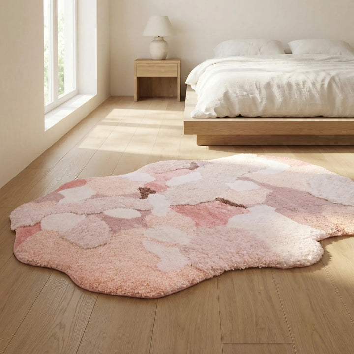 Soft sculpted pastel area rug with organic wave design, perfect for serene living room or bedroom decor.