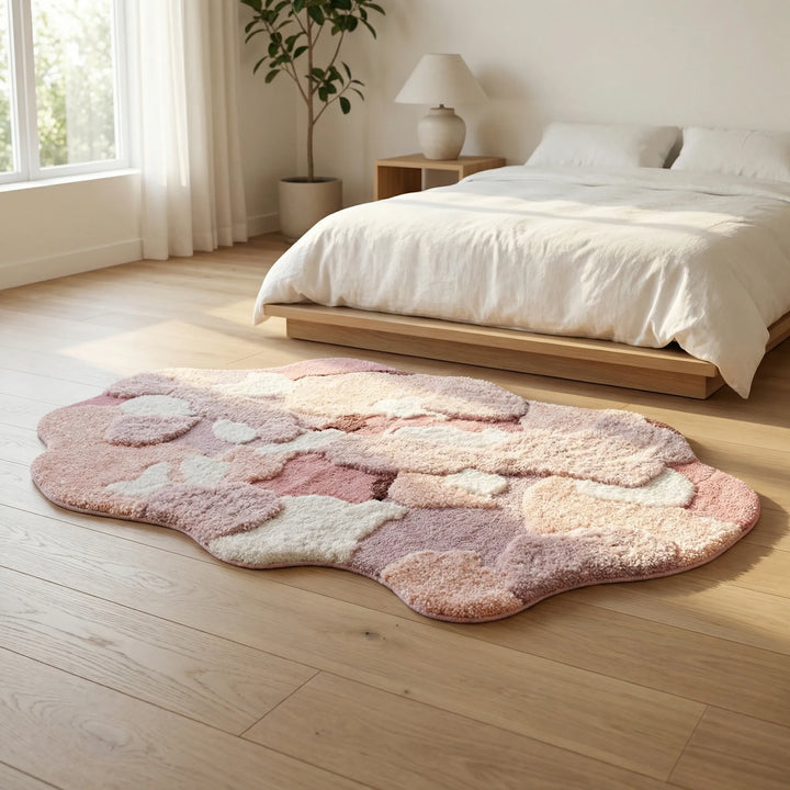 Unisex sculpted wave area rug in a soft pastel shade, ideal for adding a tranquil, modern touch to home decor.