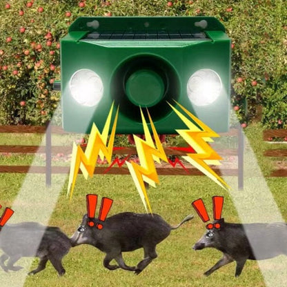 Solar animal repellent light with loud alarm for outdoor garden & farm protection. Weather-resistant pest control.