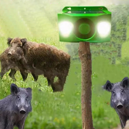 Farm defense solar animal repellent. Weather-resistant with a powerful loud alarm & flashing light.