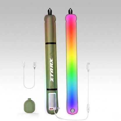 Solar inflatable camping lantern, waterproof LED light for outdoor adventures.