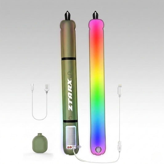 Solar inflatable camping lantern, waterproof LED light for outdoor adventures.