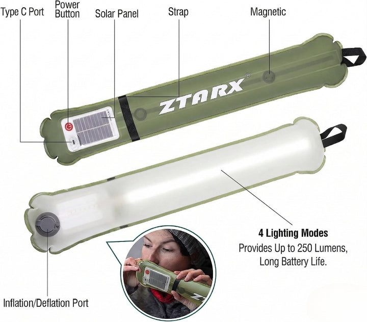 Emergency solar light, inflatable design provides soft, diffused glow.