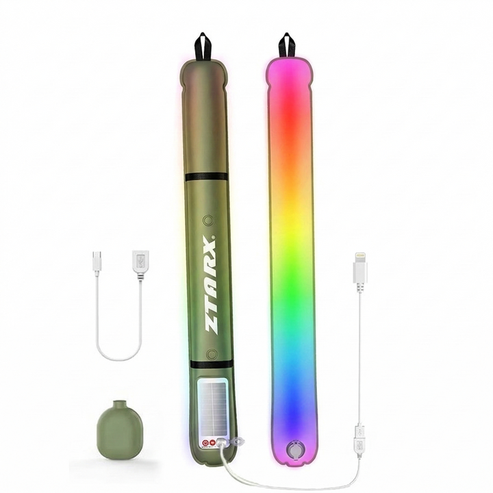 Portable inflatable LED lantern, solar-powered for off-grid lighting.