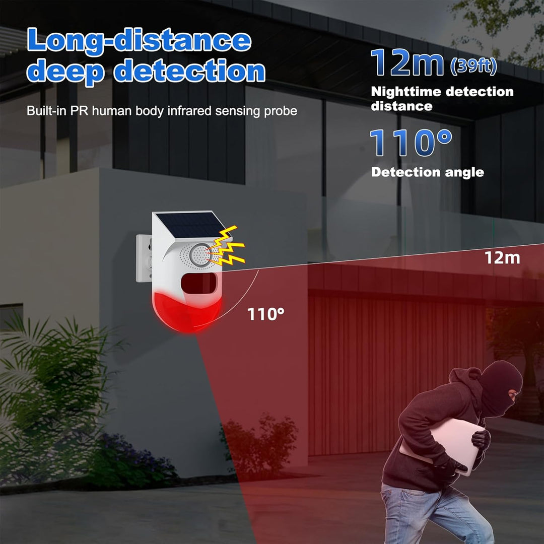 Reliable solar security alarm with motion sensor detection, powerful 120dB siren & strobe light.