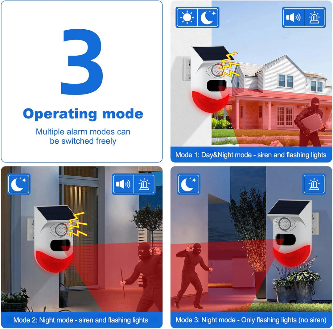 Feronix solar motion sensor security system with 120dB siren & LED strobe for home perimeter security.