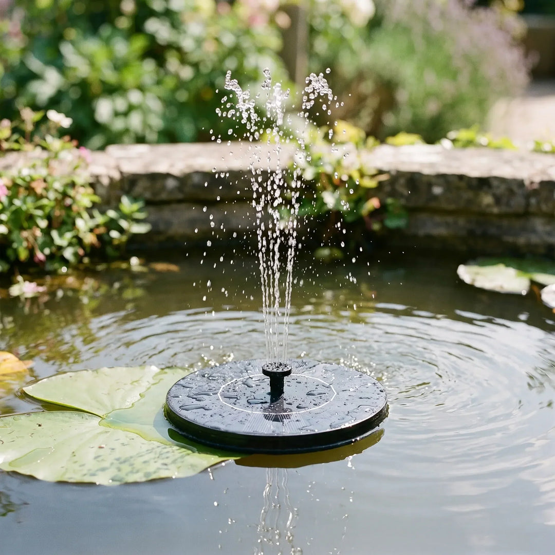 Eco-friendly solar powered floating fountain. Ideal garden accessory for bird baths & ponds.