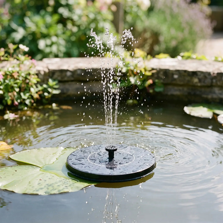 Eco-friendly solar powered floating fountain. Ideal garden accessory for bird baths & ponds.