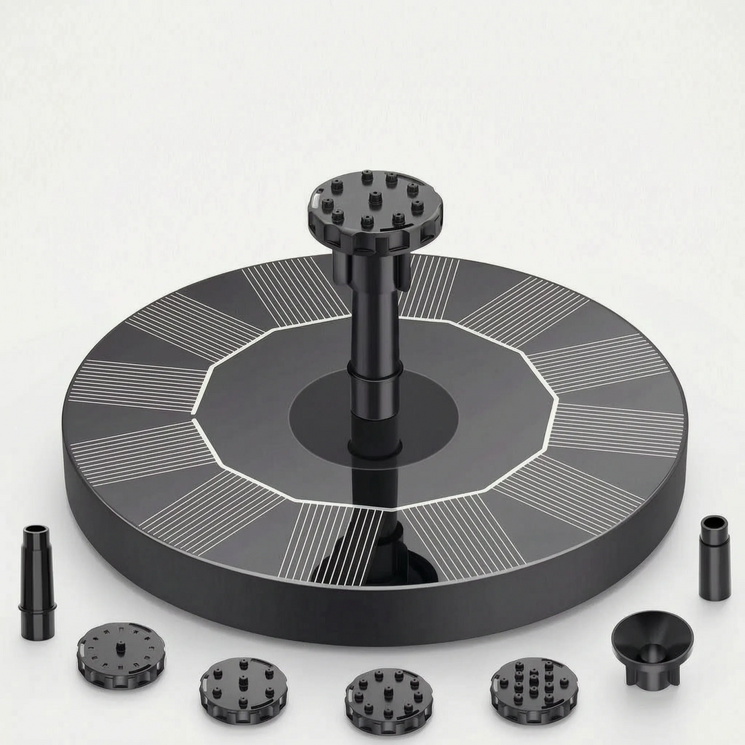 Easy-install solar floating fountain. Versatile water feature for birdbaths, ponds, & garden decor.