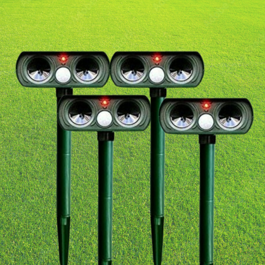 Solar-powered infrared animal repeller protecting gardens & yards from pests with ultrasonic technology.