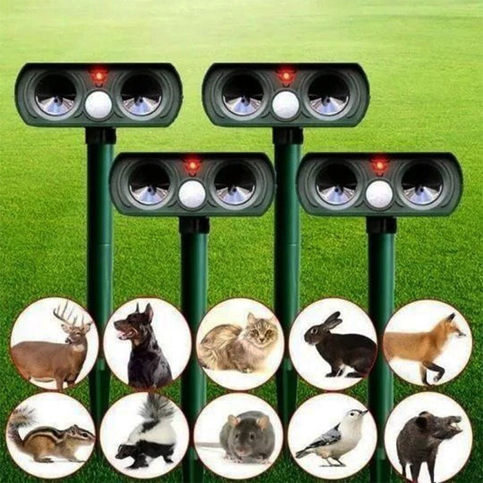 Motion-activated waterproof pest repeller for gardens; deters deer, cats, dogs, & squirrels effectively.