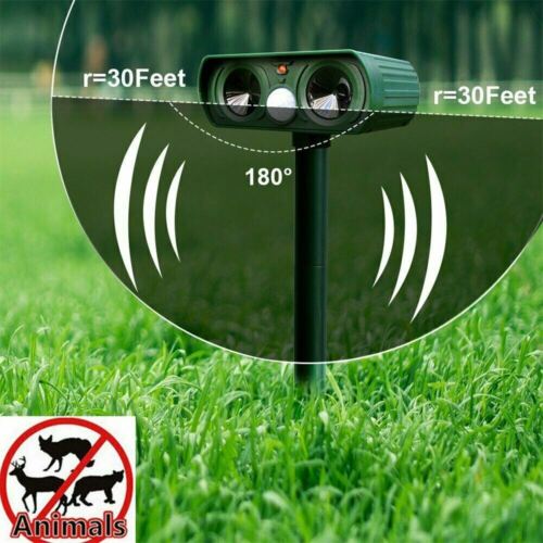Ultrasonic deer, cat, & dog repeller, solar-charged & motion-sensing for continuous yard protection.
