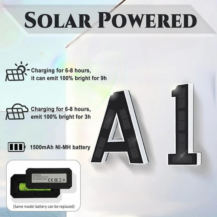 Daytime shot of a solar LED house number, sleek design blending with modern home architecture.