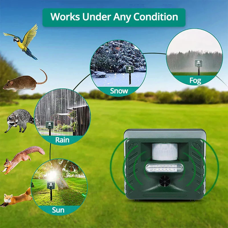 Humane ultrasonic animal repeller, solar-powered for garden protection. Motion-activated pest control device.