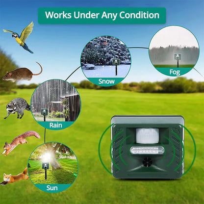 Humane ultrasonic animal repeller, solar-powered for garden protection. Motion-activated pest control device.