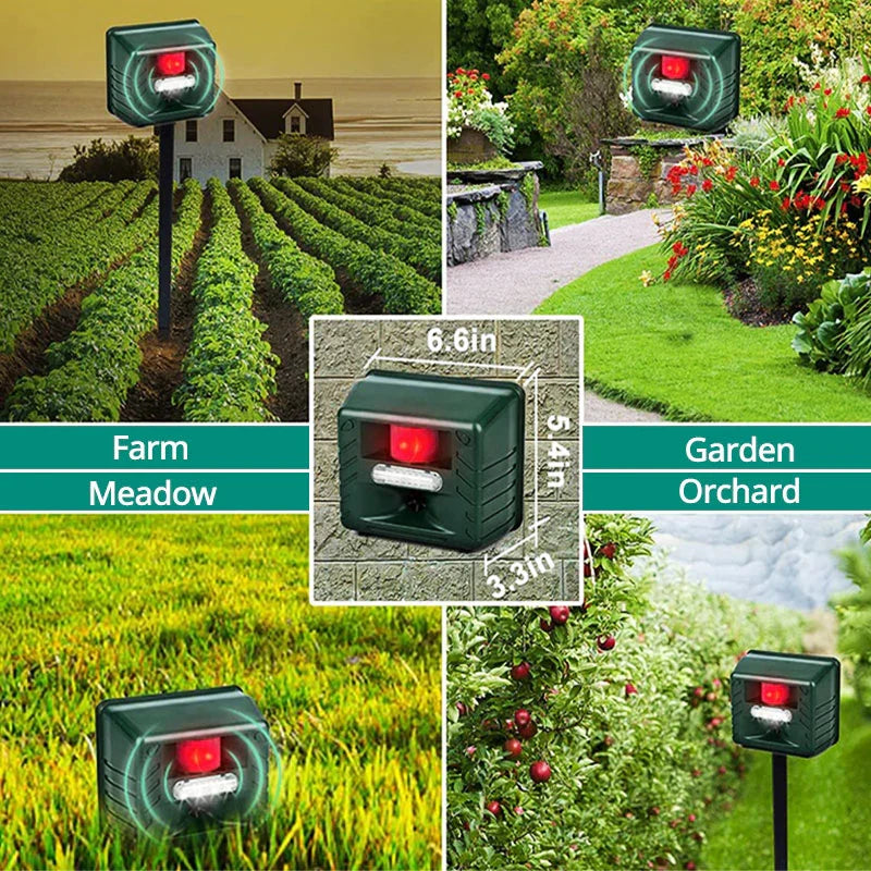 Outdoor woodpecker repeller; solar-powered ultrasonic device for humane garden protection & pest control.