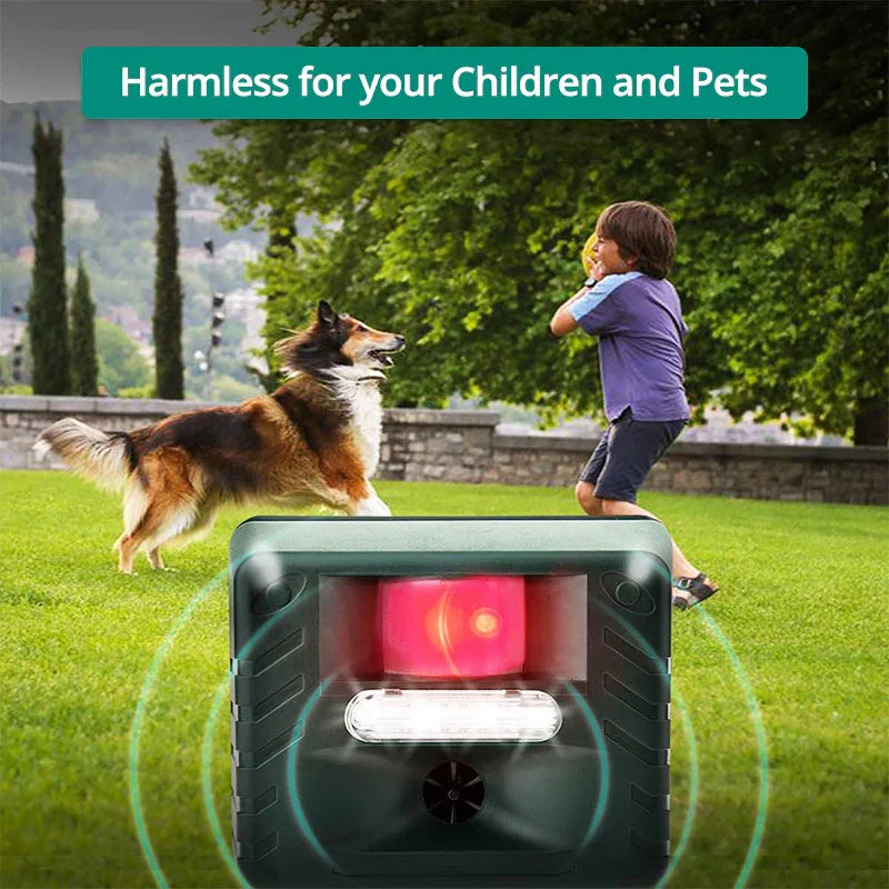 Effective solar ultrasonic animal repeller, a humane garden protector for outdoor pest control & yard defense.