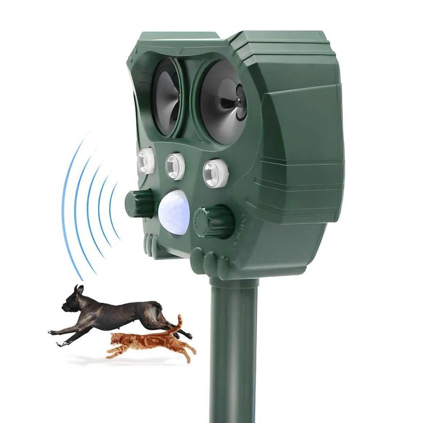 Solar-powered ultrasonic animal repellent for effective outdoor pest control.