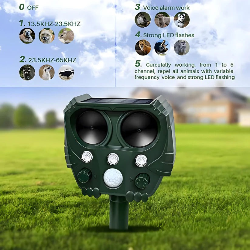 Angled view of a solar-powered ultrasonic pest control device for yard protection.