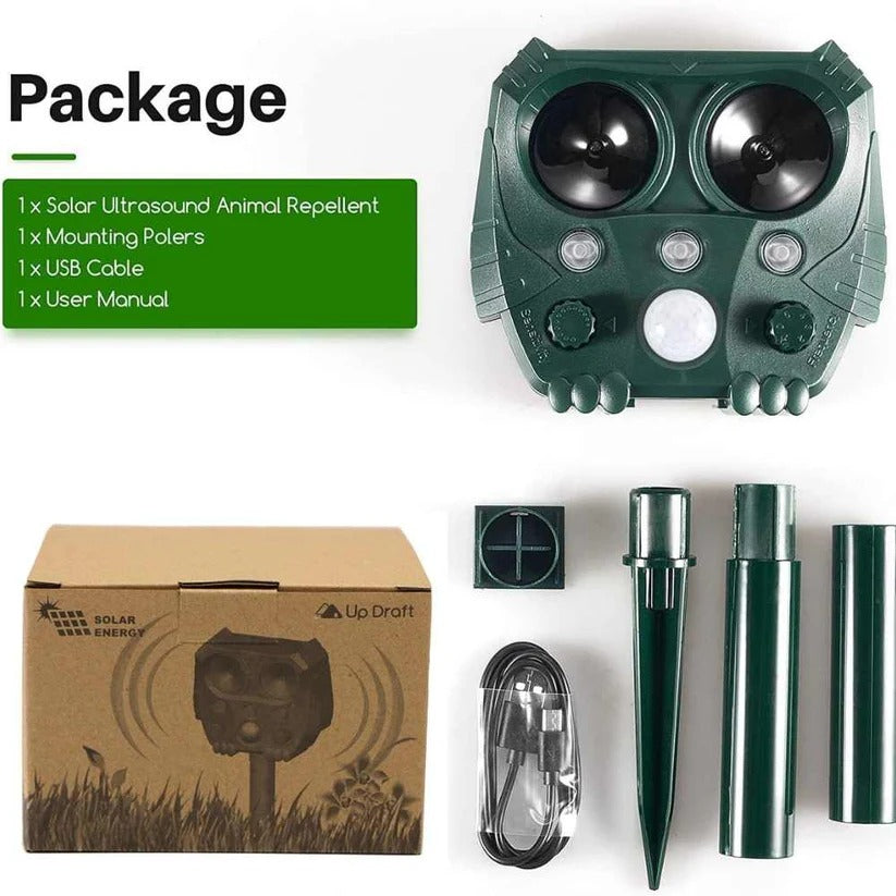 Humane solar ultrasonic animal repellent, a safe outdoor cat, fox, and rodent deterrent.