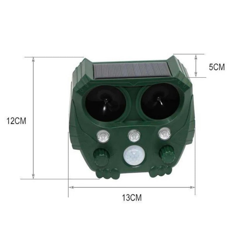 All-purpose solar-powered ultrasonic outdoor animal repellent, effective for various pests.