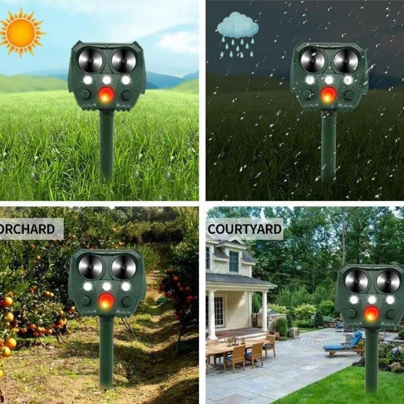 Easy-install solar ultrasonic animal repeller for effective outdoor pest deterrence.
