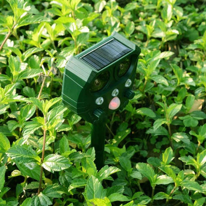 Outdoor ultrasonic animal repellent, solar-powered for humane & effective pest control.
