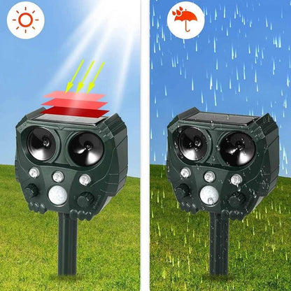 Close-up of a solar ultrasonic animal repellent with its integrated motion sensor.