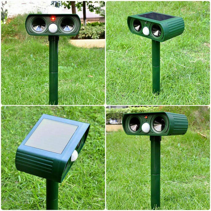 Outdoor solar animal repellent, motion-activated, for effective pest control & yard protection.