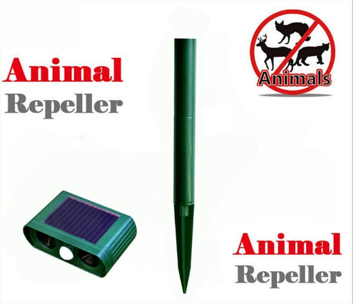 Solar-powered ultrasonic animal repellent guarding a lawn, offering humane wildlife deterrence.