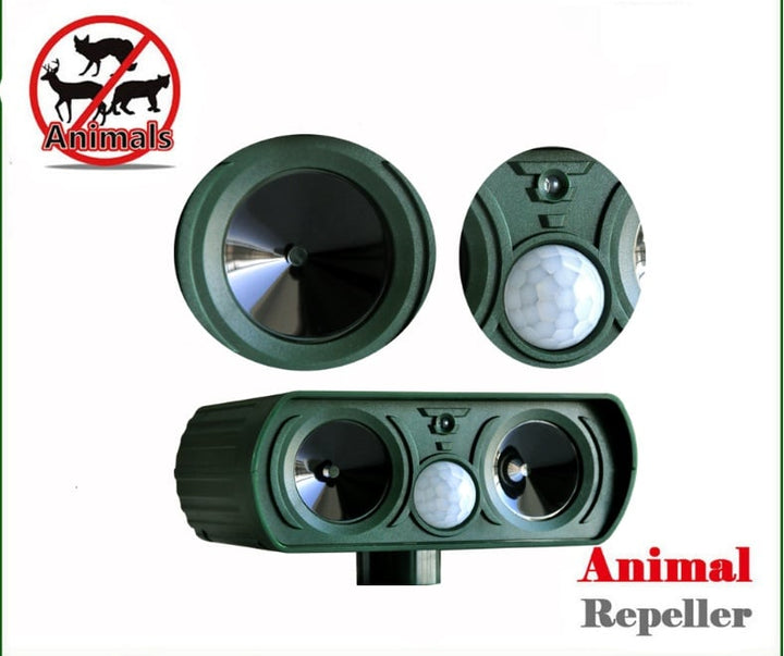 Detail of solar ultrasonic animal repellent showing its solar panel and sensor for outdoor use.
