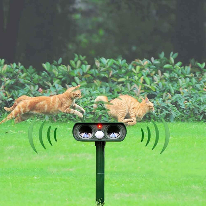 Motion-activated solar animal repellent device, a garden defender providing pest control.