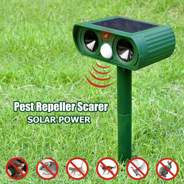 Efficient ultrasonic animal repellent for yard protection, solar-powered, keeping pests away.