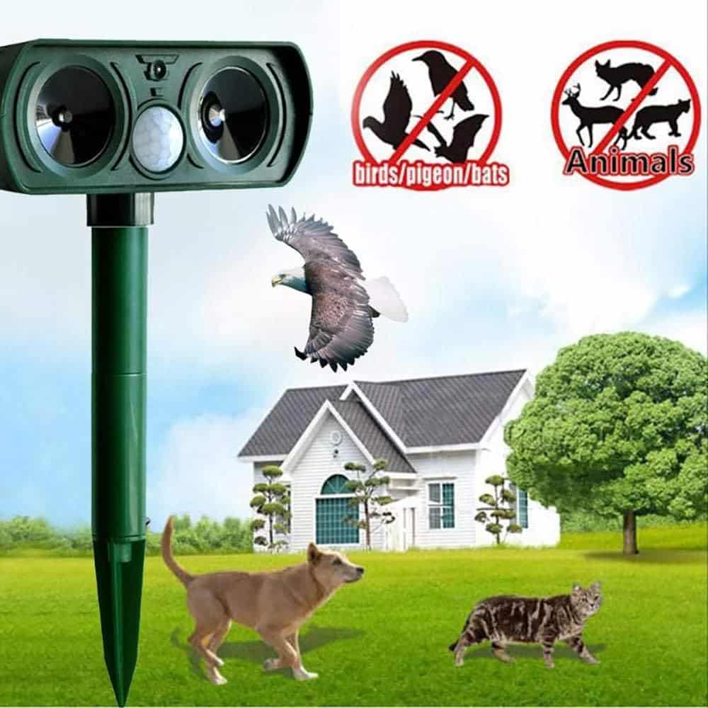 Complete view of the solar ultrasonic animal repellent, an effective outdoor pest control solution.