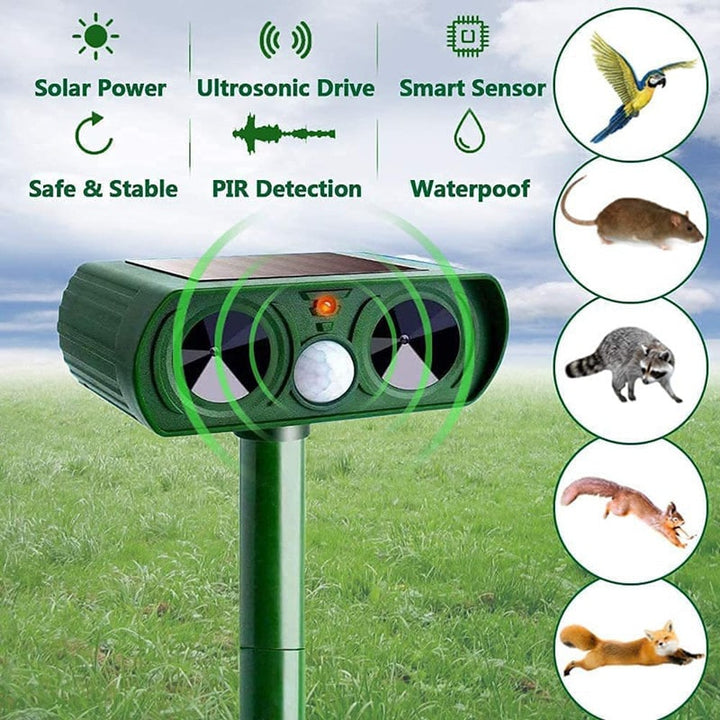 Solar ultrasonic animal repellent protecting a vegetable garden from wildlife and common pests.