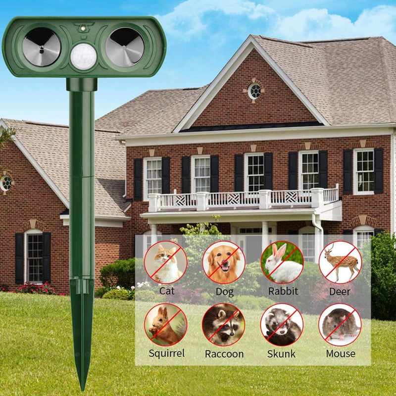 Solar ultrasonic animal repellent, a durable outdoor pest control solution for all-day yard protection.