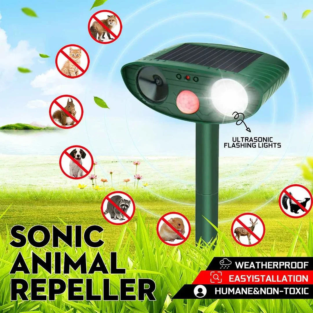 Humane solar powered ultrasonic chipmunk repeller for garden protection and yard defense.
