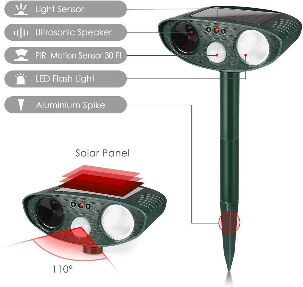 Outdoor solar ultrasonic chipmunk repeller, a humane solution for effective pest control.
